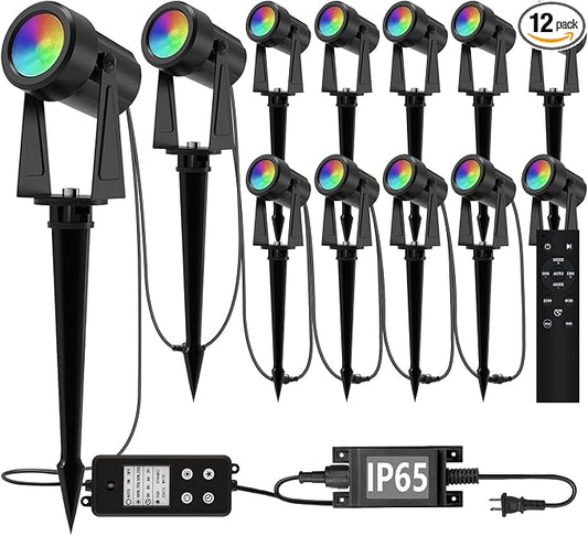 SUNTHIN Outdoor RGBW Landscape Lighting with Remote, Dusk to Dawn, 12 Pack | Color Changing Spot Uplights, IP65 Waterproof, Timed, Dimmable, Extendable, Low voltage