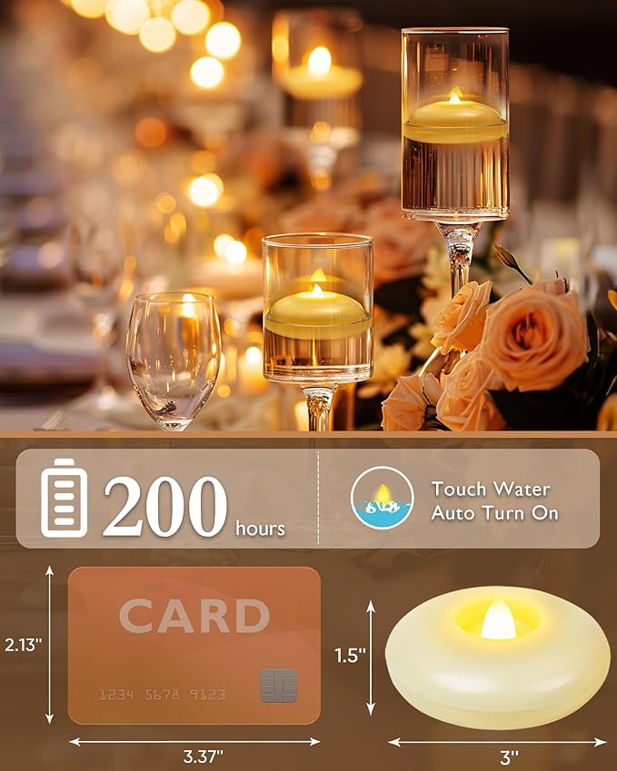 Homemory 6 Pack 3” Flameless Led Floating Candles, 200 Hour Battery Operated Flickering Waterproof Tealights for Cylinder Vases, Centerpieces at Wedding, Party, Pool, Holiday (Ivory Base)