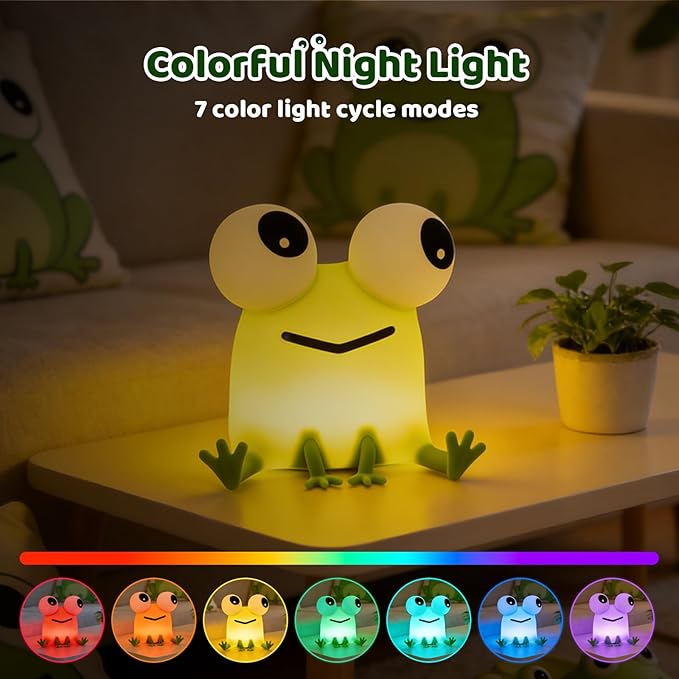 Frog Night Light with Timer Dimmable 3 Brightness 7 Colors Kawaii Frog Lamp Warm Sleep Aid USB Rechargeable Portable Night Lamp Decor for Girl Boy Nursery/Bedroom/Desk/Office