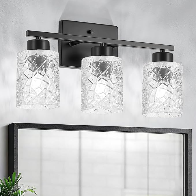 Black Bathroom Light Fixtures, 3-Light Modern Bathroom Vanity Wall Light, Vanity Lights for Mirror, Wall Sconces with Clear Textured Glass (E26 Socket, Bulbs Not Included)