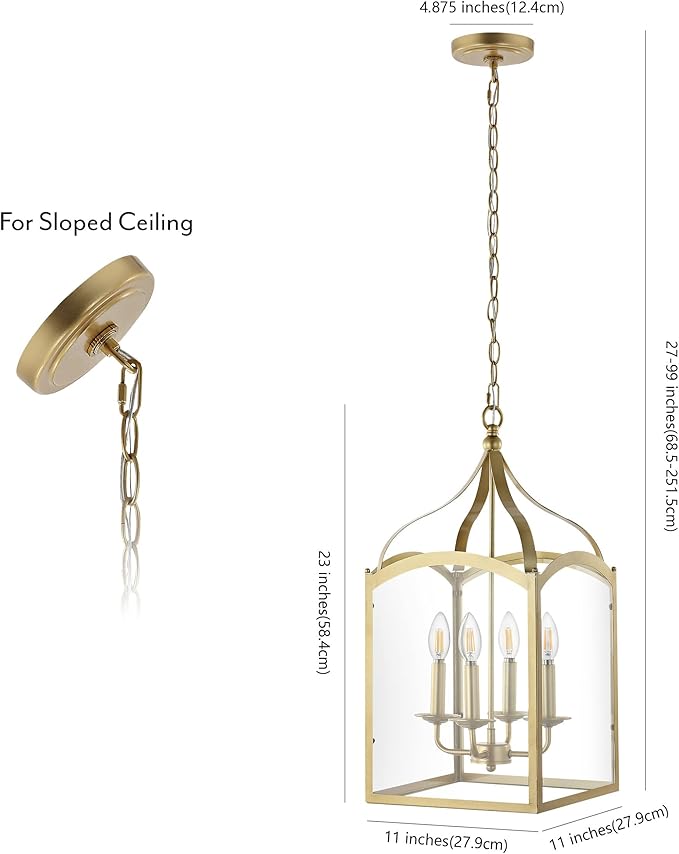 JONATHAN Y 11" Antique Gold 4-Light Traditional Lantern Pendant Light, Metal and Clear Glass Shade, Classic Chandelier for Foyer, Kitchen Island, LED Bulbs Included (JYL7403C)