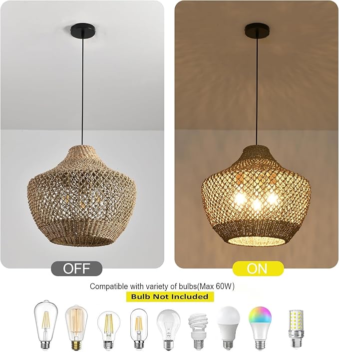 18.9" Rattan Pendant Light Fixtures,Boho Rattan Pendant Light 3-Light Hand Woven Seagrass Chandelier for Workplace Occasions Restaurants Dining Living Bedroom Kitchen Farmhouse
