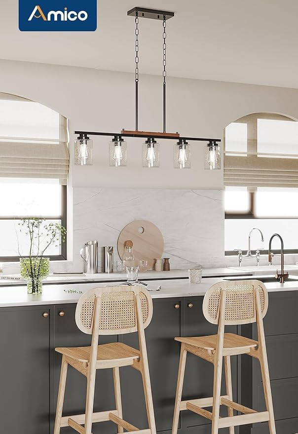 Amico Dining Room Light Fixture 5-Light Kitchen Island Lighting with Adjustable Rods, Farmhouse Decor Black Metal & Wood Chandelier with Seeded Glass Shade, Island Lights for Kitchen
