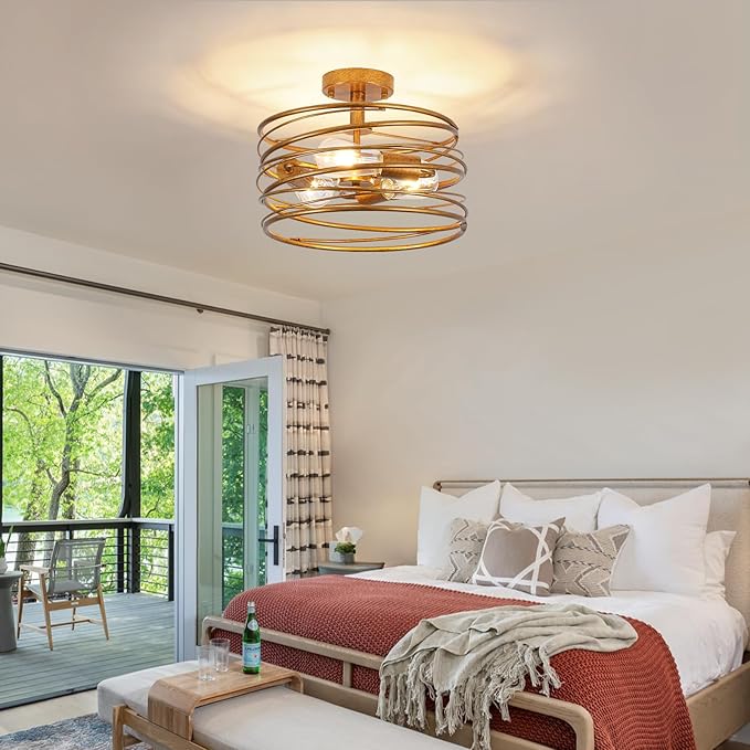 Vintage Gold 3-Light Rustic Drum Semi Flush Ceiling Light Fixture, Retro Farmhouse Chandeliers Metal Cage for Dining Room, Industrial Pendant Light Fixture for Entryway Kitchen Foyer Bedroom