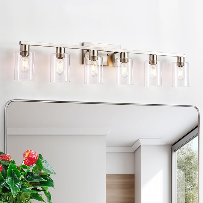 6 Light Bathroom Vanity Light,Vanity Light with Clear Glass Rust Proof Moisture-proof Easy to Clean 40"Brushed Nickel Bathroom Lighting Fixtures over Mirror Large Vanity Light for Bathroom Wall Sconce
