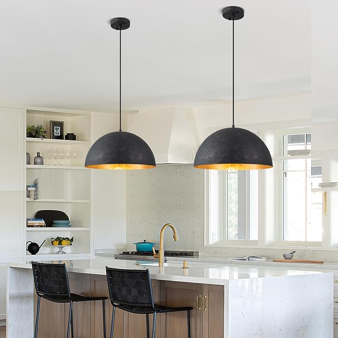 15.7" Farmhouse Pendant Light,Black with Gold Grain Industrial Large Dome Light Fixture,Adjustable Vintage Chandelier for Kitchen Island,Dining Room,and Bedroom