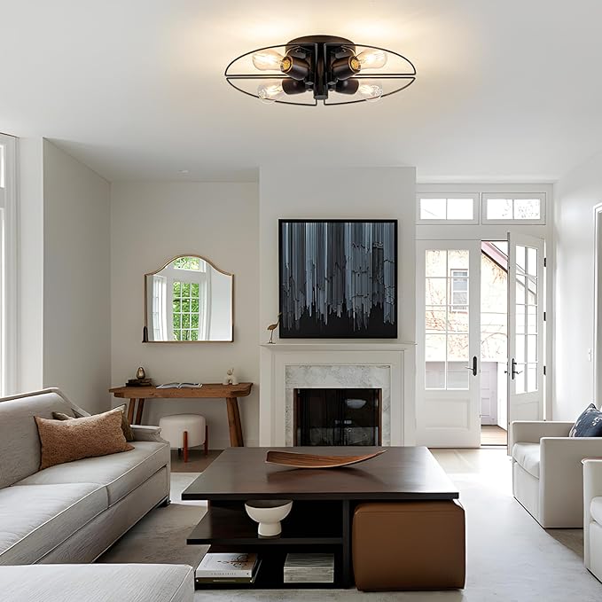 4 Light Sputnik Light Fixture Black Flush Mount Lights Industrial Ceiling Light Wood 21" Modern Farmhouse Ceiling Lights for Kitchen Bedroom Bathroom Foyer Hallway(E26)
