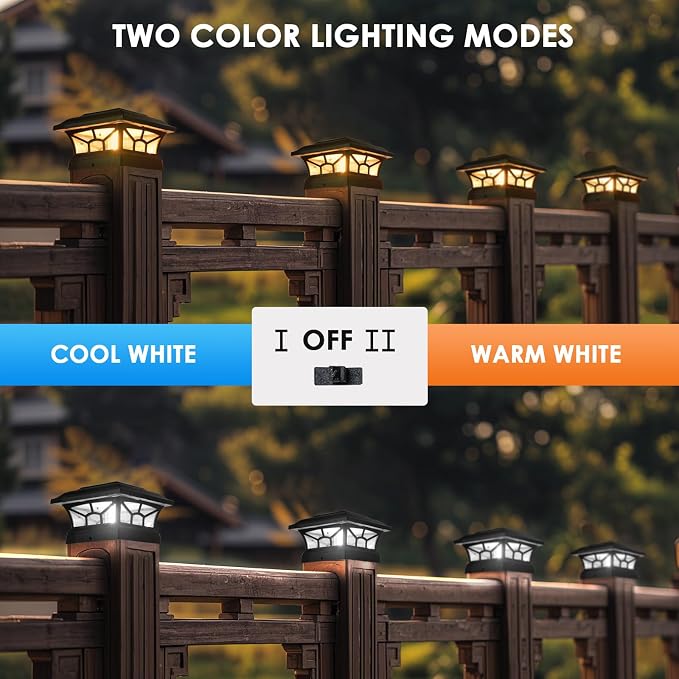2 Pack Solar Post Cap Lights Outdoor Waterproof, Fits 4x4, 5x5, 6x6 Wooden & Vinyl Fence Decks with Warm & Cool White Light Modes (Classic Black, 2)