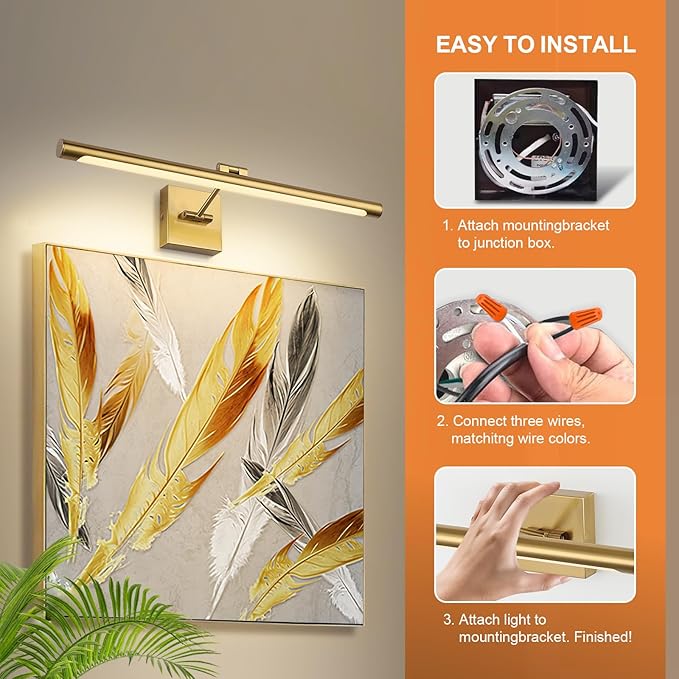 LED Picture Light Fixtures 24.4 Inches, Full Metal Artwork Wall Lamp with Single Swing Arm, 14W (70W Eqv.), Hardwired Connection, Non-Dimmable, 3000K Warm White, CRI80+, Golden-Like Brass Finish