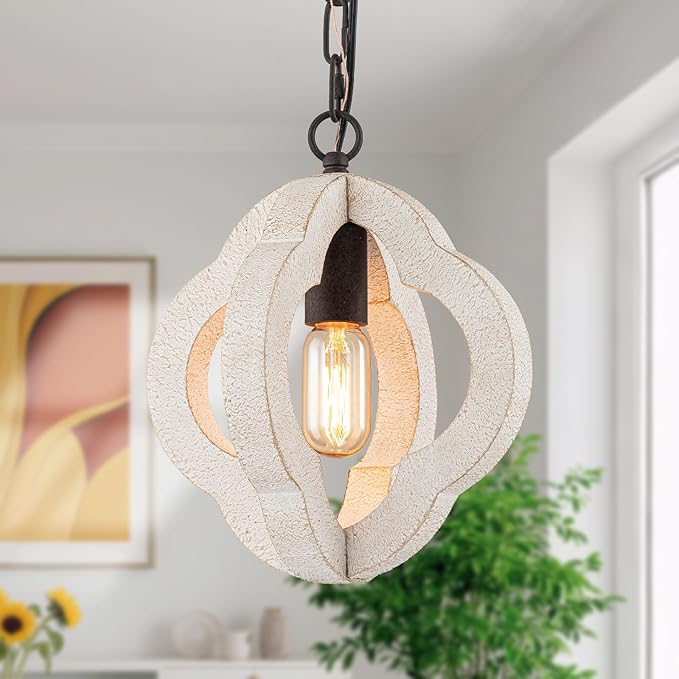 9.84" Modern Farmhouse Wood Pendant Lights Kitchen Island Small Orb Distressed White Oak Pendant Light Rustic Ceiling Hanging Light for Kitchen Over Sink Hallway Entryway Foyer Adjustable Chain E26