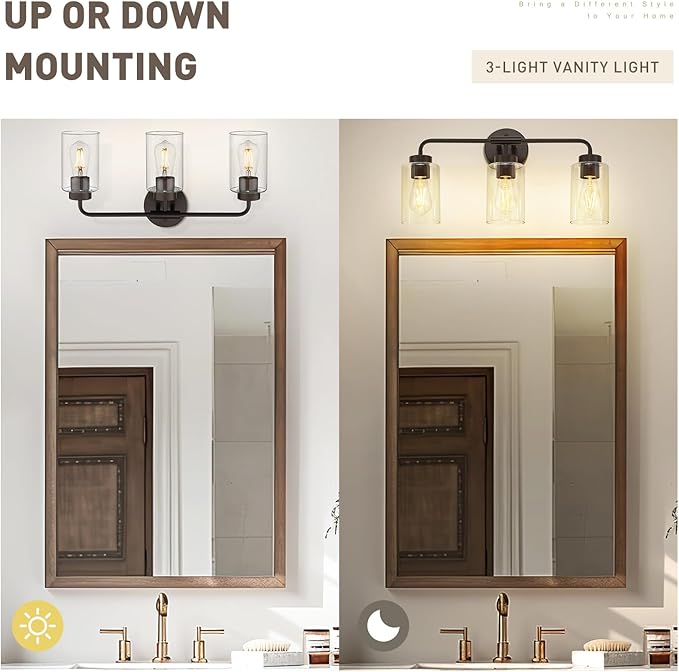 zeyu 3-Light Farmhouse Bathroom Light Fixtures, 22 Inch Bathroom Vanity Light with Clear Glass Shade, Oil Rubbed Bronze Finish, ZS62B-3W ORB
