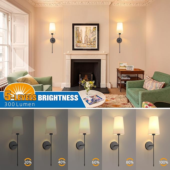 NIORSUN Black Battery Operated Wall Sconce Set of 2,Rechargeable Wall Lights with 5200mAh Dimmable Detachable Bulbs and Remote,9 Colors Wireless Sconces for Bedroom Living Room Hallway