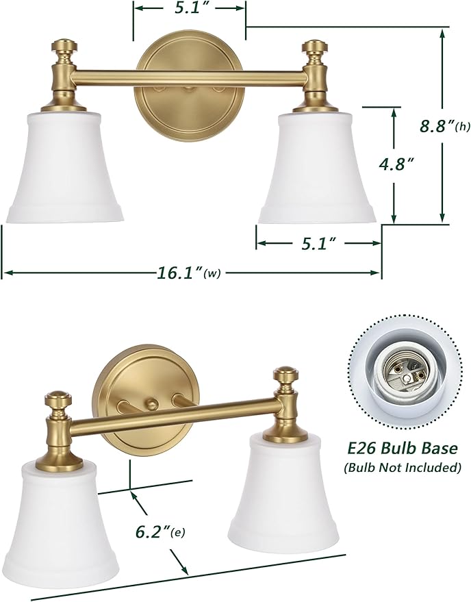 Gold Bathroom Vanity Light Fixtures, Traditional Aged Brass 2 Lights Wall Sconce Lighting with Opal Glass Shade, Porch Wall Mount Light Fixture for Bathroom, Mirror Cabinets Hallway Stairs