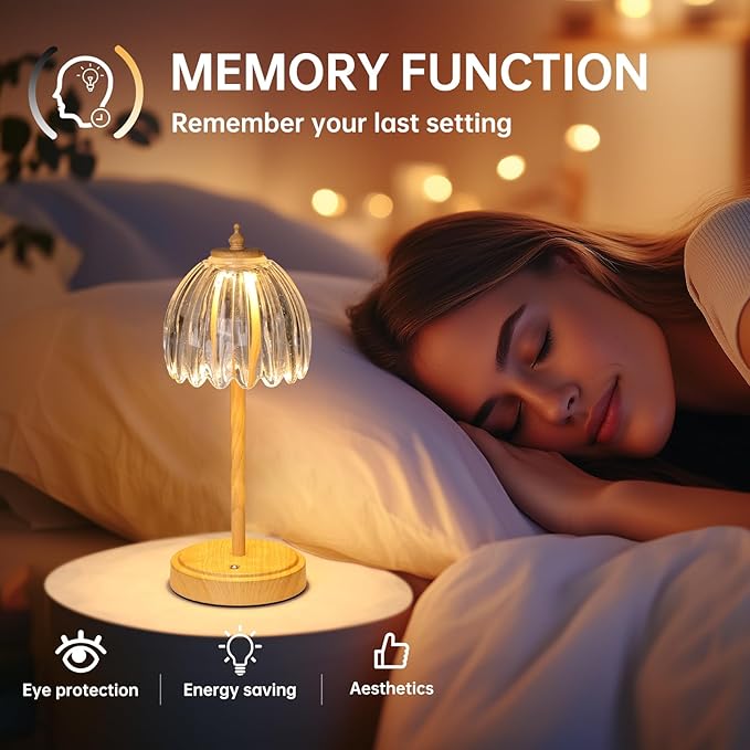 Shenmoyl Tulip Table Lamp with 5200mAh Battery & Touch Control, Small Cordless Table Lamp with 3 Colors, Rechargeable Battery Operated Table Lamps for Bedroom, Desk, Bedside (Transparent-Beech Color)