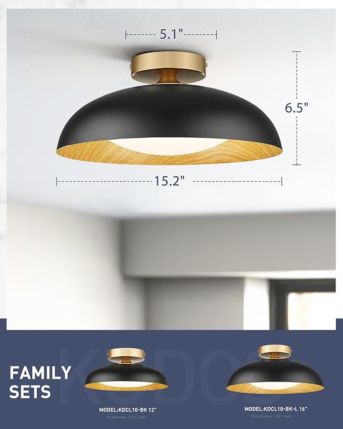 Kudos 15-Inch Flush Mount Ceiling Light with Painted Wood-Grain and Black Finish, 24W/1300lm for Kitchen, Bedroom, Hallway, 5CCT