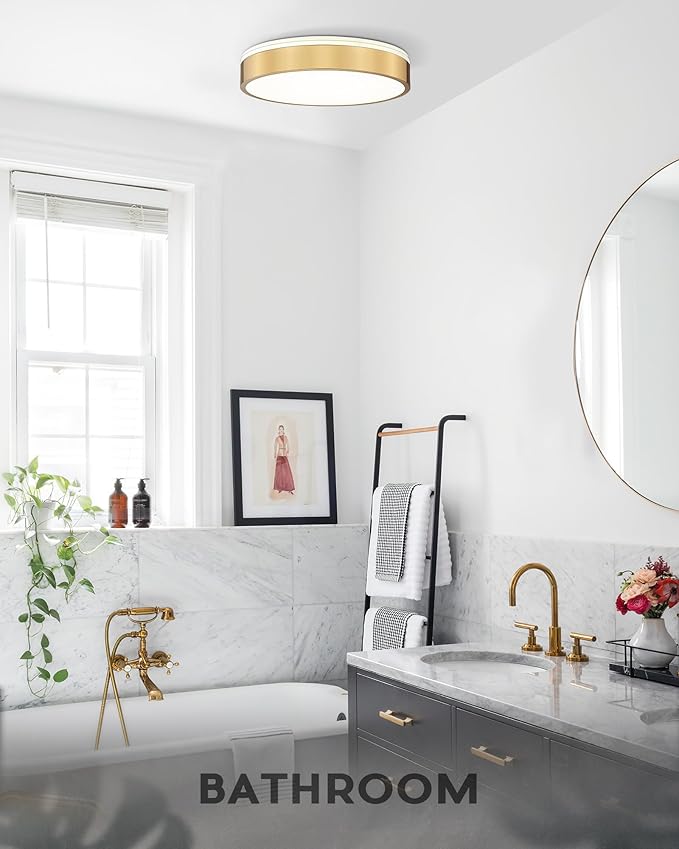 Ken & Ricky Led Brushed Gold Flush Mount Ceiling Light,Dimmable Close to Ceiling Light Fixtures for Kitchen Bathroom Bedroom Hallway 12 Inch 5cct 24w Round KR3354-2PK