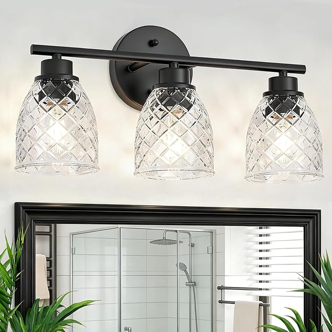 3-Light Bathroom Light Fixtures, Modern Black Vanity Light Over Mirror, Wall Sconce with Clear Hammered Glass Shades, E26 Base (Bulbs Not Included)