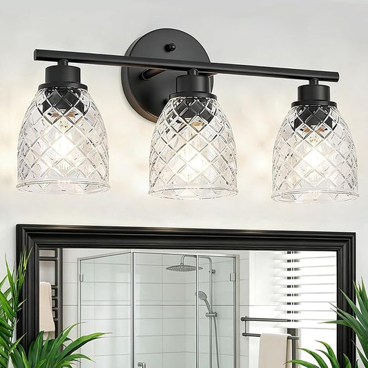 3-Light Bathroom Light Fixtures, Modern Black Vanity Light Over Mirror, Wall Sconce with Clear Hammered Glass Shades, E26 Base (Bulbs Not Included)