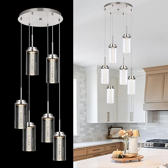 MELUCEE 6-Light Modern LED Pendant Light Fixtures with 3000K-6000K Adjustable Color Temperature Brushed Nickel Kitchen Pendant Lights Ceiling Hanging Chandeliers for Dining Room Kitchen Island