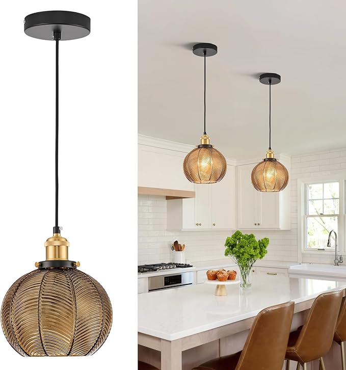 7.8in Vintage Pendant Light 1- Light Kitchen Sink Pendant Lights with Amber Hand Blown Glass Small Hanging Lamp for Kitchen Island Dining Room Bedroom Bathroom Hallway E26