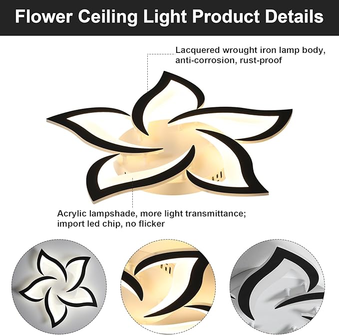 JAYMP 25.6" Flower Shaped Ceiling Light Dimmable Modern Ceiling Lamp Remote Control LED Lighting Fixture for Bedroom Dining Room Kitchen (Black/5 Petals)