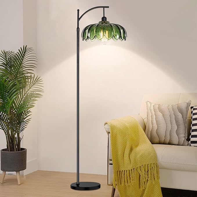QIYIZM Gold Floor Lamp for Living Room,Bedroom,Standing Lamp with Remote Dimmable Brass Tall Lamp Vintage Retro Mid Century Modern Floor Lamps Arc Green Glass Flower Lamp Floor Light Boho Bohemian