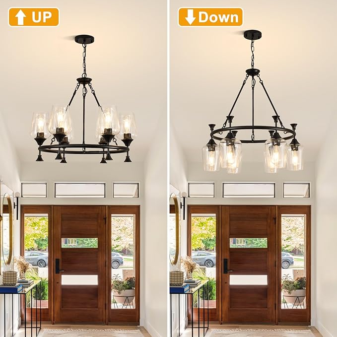 25" Farmhouse Chandelier, 6-Light Black Chandeliers for Dining Room Light Fixture Over Table with Clear Glass Shade, Industrial Hanging Pendant Lights for Kitchen Island Living Room Bedroom Entryway