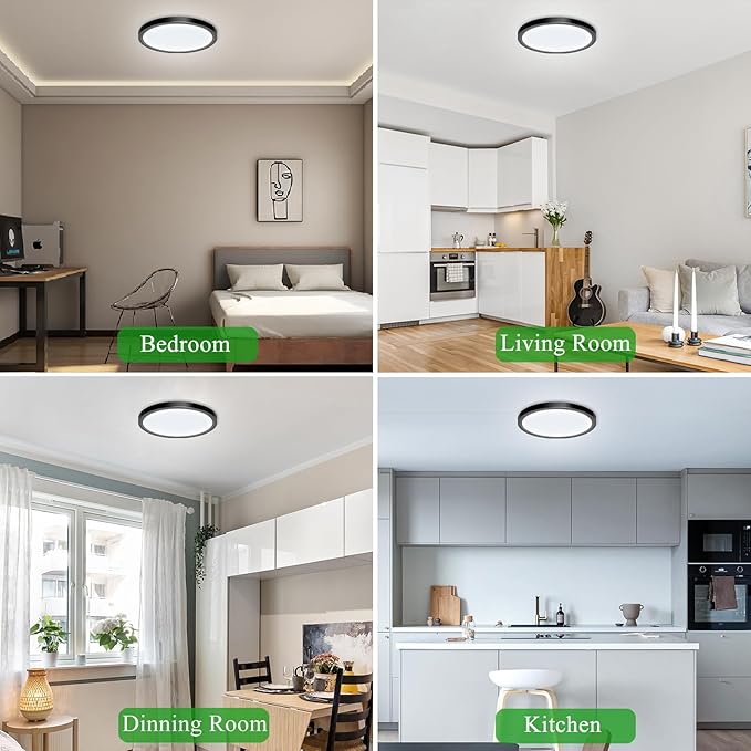 2 Pack LED Flush Mount Ceiling Light Fixture, 24W 12Inch 3000K, 3500K, 4500K, 5000K, 6500K 5 Color Temperatures Low Profile Ceiling Light for Bedroom, Living Room, Dining Room, Black