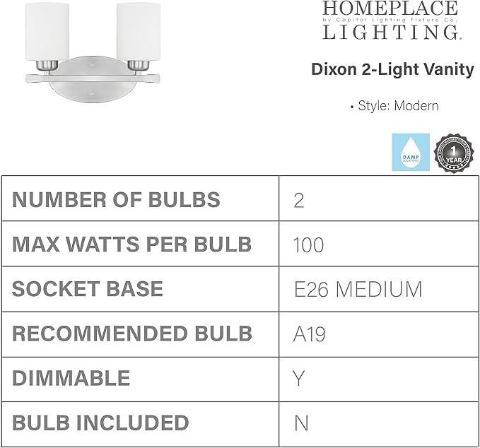 HomePlace by Capital Lighting 115221BN-338 Dixon Modern Soft White Glass Bathroom Vanity Wall Light, 2-Light 200 Total Watts, 9" H x 13" W, Brushed Nickel