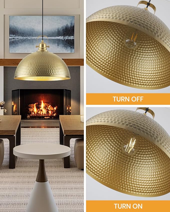 Gold Pendant Light 16 inch, Hammered Large Dome Pendant Light, Industrial Farmhouse Pendant Lights Kitchen Island, Gold Kitchen Pendant Lights for Kitchen, Dining Room Living Room 2 Pack