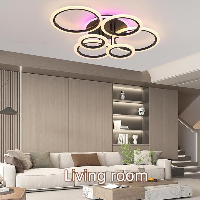 Modern LED Ceiling Light,Dimmable Ceiling Lights for Bedroom,70W Flush Mount Ceiling Light,6 Rings Lighting Fixture LED Ceiling Lamp for Kitchen,Living Room,Laundry Room,3000-6000K,Black