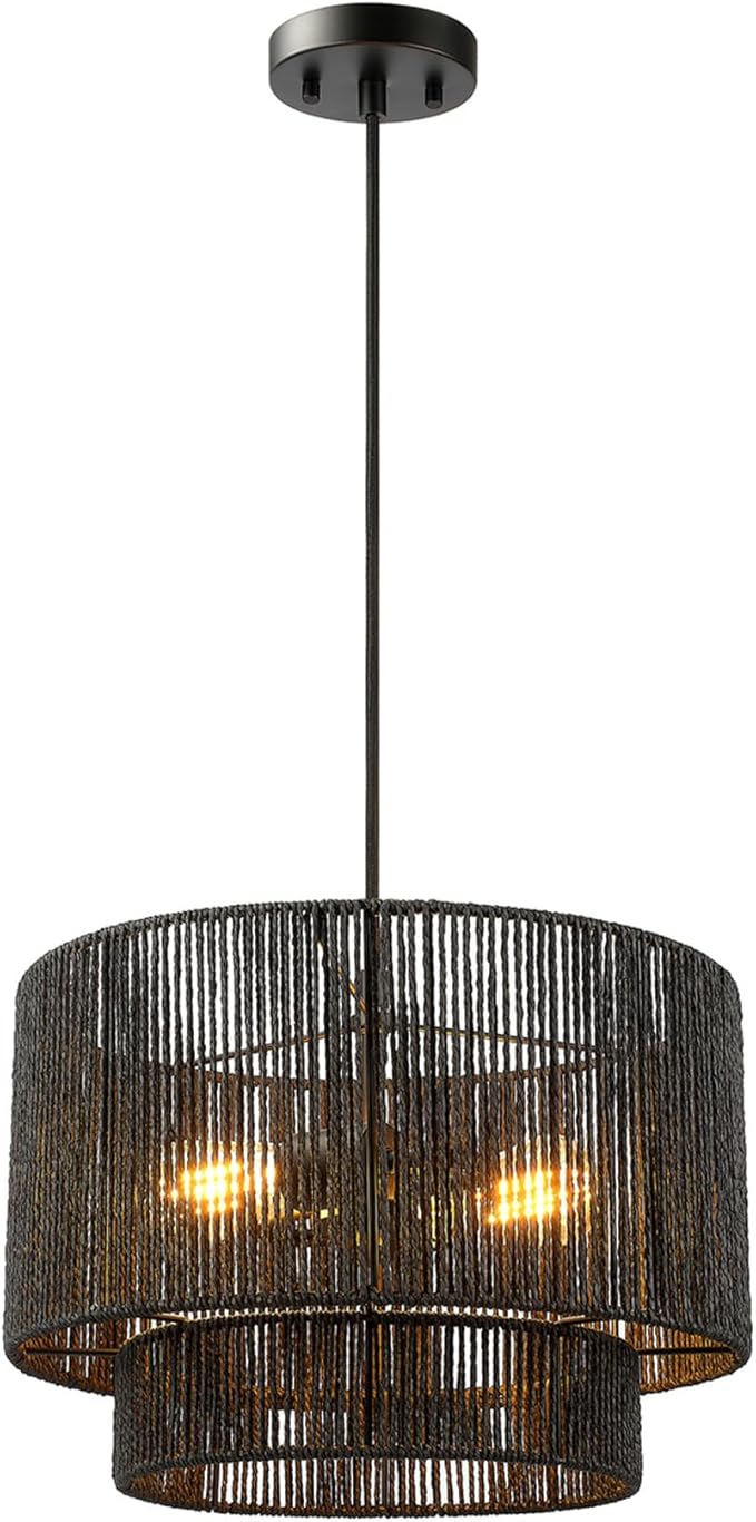 Globe Electric 67000102 2-Light Pendant Light Fixture, Matte Black, Paper Twine Shade, Braided Fabric Cord, Kitchen Island Lighting, Living Room Pendant Light, Hanging Lights for Bedroom