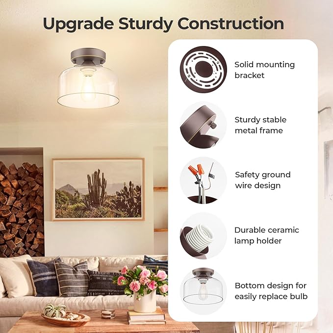 LACCEN Semi Flush Mount Ceiling Light Bronze, Clear Glass Pendant Lamp Shade, Modern Farmhouse Light Fixture for Hallway Corridor Kitchen Entryway Bedroom, Bulb Not Included