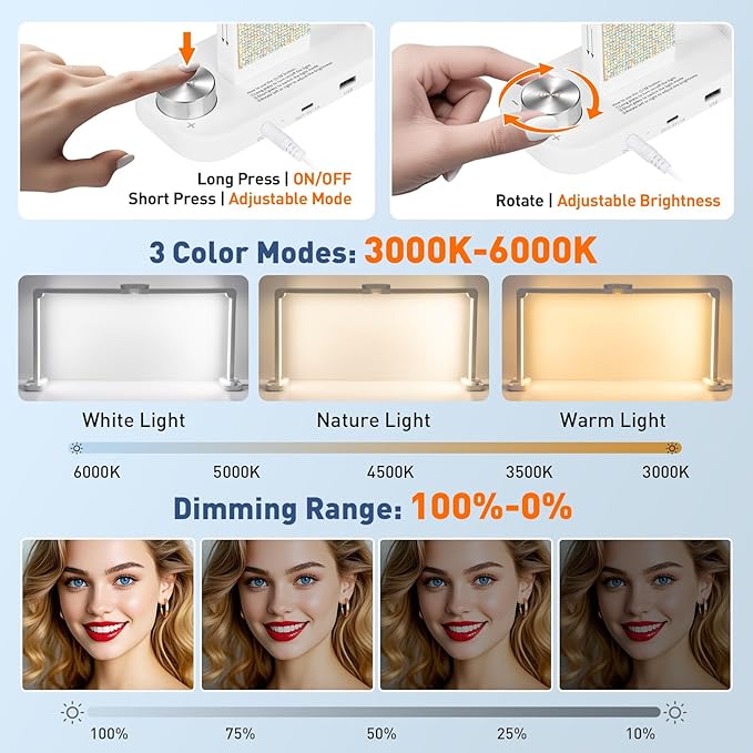 KIRKAS 34inch Large Half Moon Light for Nail Tech with Diamond, 456 LEDs 3 Color Modes Infinitely Knob with Phone Holder Charging Function, Lighted Desk Lamp for Craft White(34inch Large With Diamond)