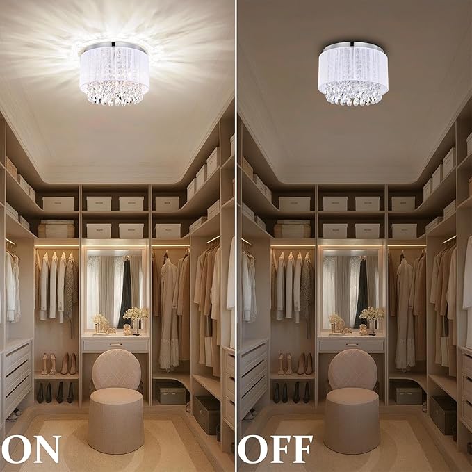 LaLuLa White Chandelier Mini Flush Mount Chandeliers Small Drum Lighting Crystal 3 Light Flush Mount Light Fixtures for Bedroom Chandelier