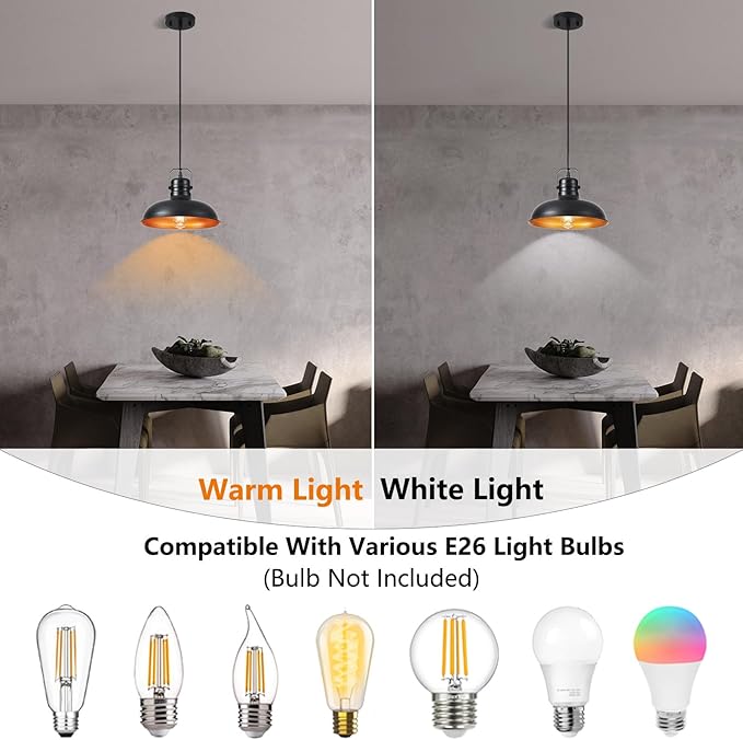 Industrial Pendant Light, 10.5 Inch Farmhouse Small Black and Gold Chandelier, Vintage Hanging Light Fixture with 71'' Height Adjustable Cord for Kitchen Island, Dining Room, Bedroom - 3 Pack