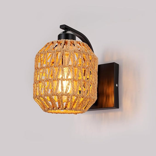 lobolighting Boho Rattan Wall Sconces Hardwired Hand-Woven Farmhouse Wall Lamps Indoor Rustic Wall Mount Light Fixtures for Bedroom Living Room Nursery Hallway 1Pack