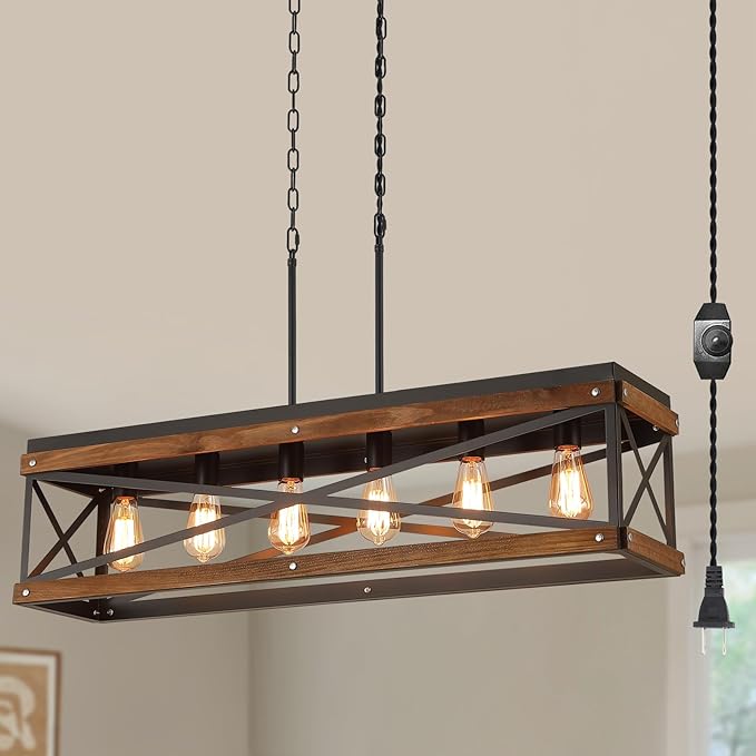 Rustic Farmhouse Plug in Kitchen Island Lighting, 6 Lights Rectangular Pendant Light Fixture with Adjustable Chain, Dimmable Switch, Oak Wood and Metal Linear Chandelier for Dining Room Home, Black