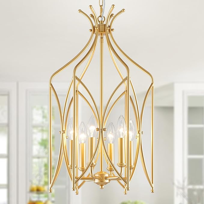 WUZUPS Lantern Pendant Chandelier Rustic Metal Cage Light Modern Lighting Fixture for Kitchen Diningroom Bathroom Livingroom, H 25.4" x W 14.2", E12 Base, Gold