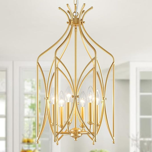 WUZUPS Lantern Pendant Chandelier Rustic Metal Cage Light Modern Lighting Fixture for Kitchen Diningroom Bathroom Livingroom, H 25.4" x W 14.2", E12 Base, Gold