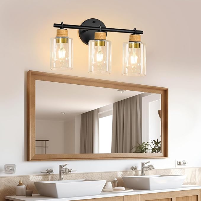 Bathroom Light Fixtures,3-Light Matte Black Vanity Light with Clear Glass Shade,Farmhouse Bathroom Lighting Fixtures Over Mirror,Wall Sconces for Bedroom Kitchen Cabinet Living Room Hallway