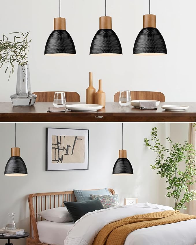 ELYONA 2 Pack Hammered Pendant Lights, 10.2” Industrial Metal Solid Wood Hanging Lamp, Modern Island Pendant Light Fixtures for Kitchen Bar, Farmhouse Dining Room, Bedroom, Living Room, Office, Black