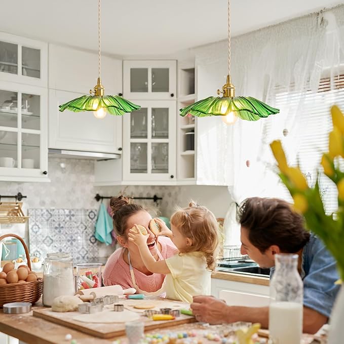 Vintage Pendant Lights Kitchen Island Fixture Glass Hanging Light Green Flower Light 2pack Modern Chandelier Island Lights for Bedroom Kitchen Hallway Bathroom Dinging Room Green Sunflower
