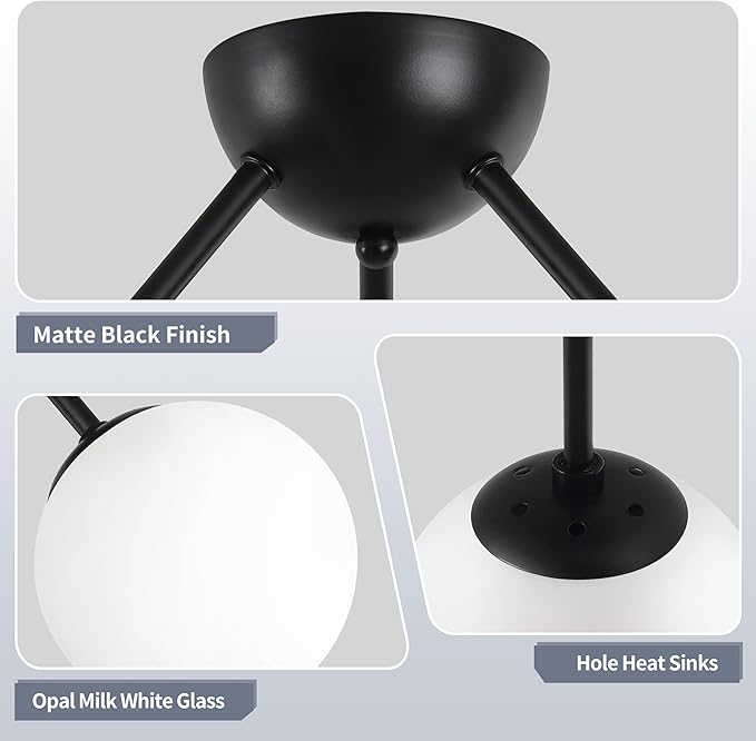 3-Light Mid Century Modern Semi Flush Mount Ceiling Light, Opal Glass Globe & Matte Black, Dimmable, UL Certified, for Bedroom, Kitchen, Living Room (Bulb Incl.)
