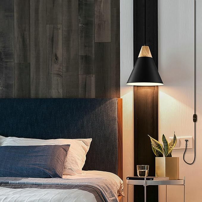 Black Plug in Pendant Light 11.8ines, 14.7ft, 2 Packs -Farmhouse Pendant Light, Industrial Kitchen Pendant Lights, Hanging Pendant with Plug in Cord for Kitchen Island, Office, Desk, Bedroom