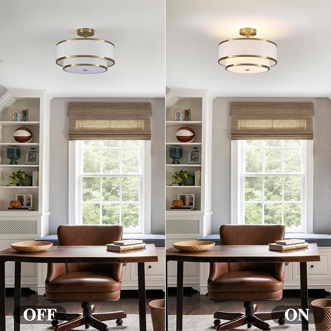 Semi Flush Mount Ceiling Light, 3-Light Double Drum Ceiling Light Fixture with Fabric Shade, Farmhouse Chandelier Dining Room Light Fixture for Bedroom, Kitchen, Hallway (Gold)