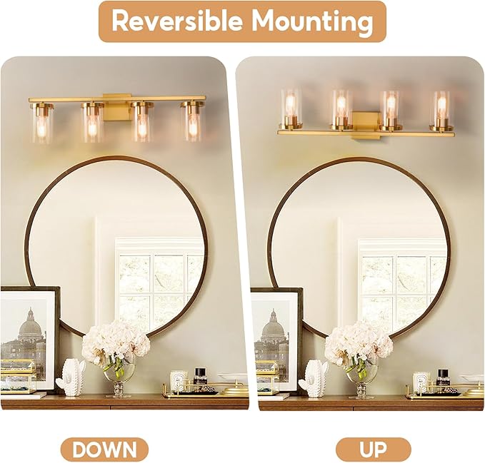 27in Bathroom Light Fixture Over Mirror, 4-Light Gold Vanity Lights with Clear Glass Shades, Modern Wall Sconces for Living Room, Bedroom, Hallway, E26 Base