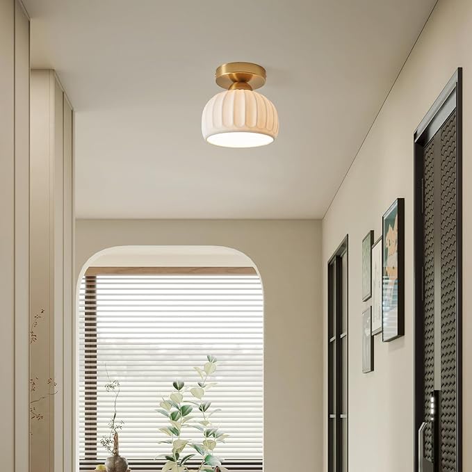 2 Pack Ceramic Gold Semi Flush Mount Ceiling Light Vintage Hallway Light Fixtures, Modern Small Ceiling Mount Light Lamp for Hall Kitchen Entryway Passway Porch Foyer