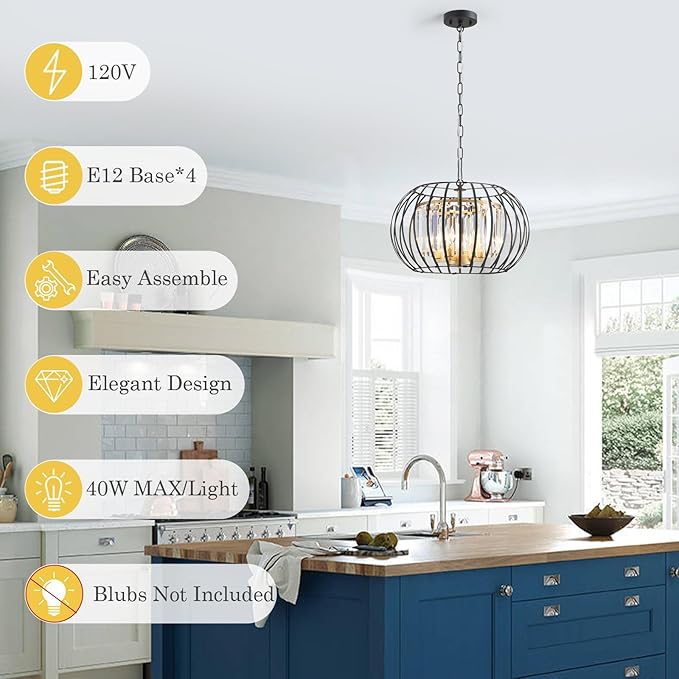 Black Gold Crystal Chandeliers 17.7" Modern 4-Light Cage Pendant Lighting Fixture Adjustable Farmhouse Round Chandeliers for Dining Room Bedroom Kitchen Island Hallway Foyer