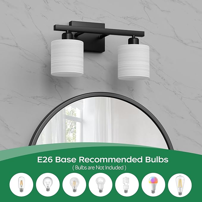 PARTPHONER Bathroom Light Fixtures, Bathroom Lighting Fixtures Over Mirror, Interior Classic Vanity Lights, Modern Vanity Light with Textured White Glass Shade, Matte Black, 2-Light